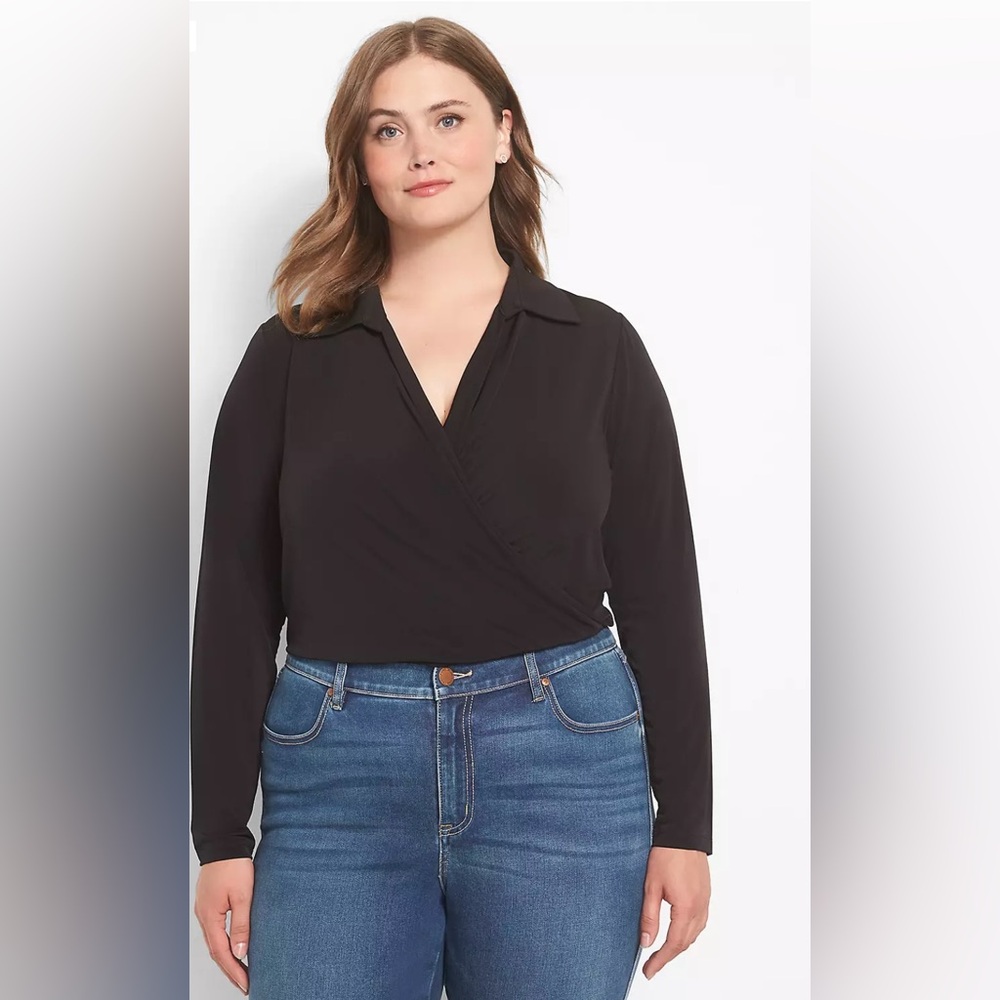New Lane Bryant Fitted Long-Sleeve Surplice Collar Crop Shirt